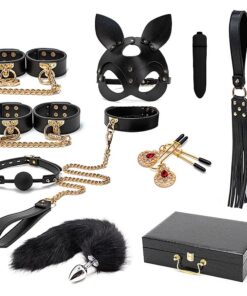 Kit maleta sado de luxo com 1 bullet - algema,tornozeleira com corrente, venda e chicote / rabo de raposa - SI